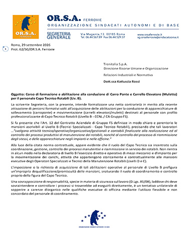 Nota a Trenitalia - Corso di formazione e abilitazione a conduzione di Carro Ponte e Carrello Elevatore (Muletto) per personale Capo Tecnico Rotabili (liv.B)