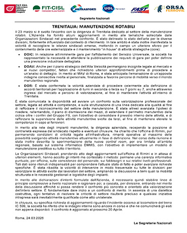 Trenitalia manutenzione rotabili: chiediamo ulteriore sforzo per il contenimento delle ore esternalizzate. DOIC, DOAV, DOR, ecco gli aggiornamenti