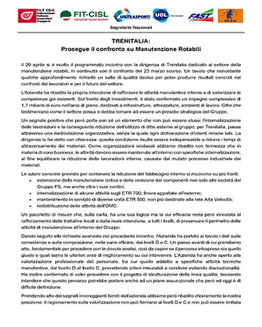 Trenitalia manutenzione rotabili, chiediamo un salto di qualità deciso per poter produrre risultati concreti