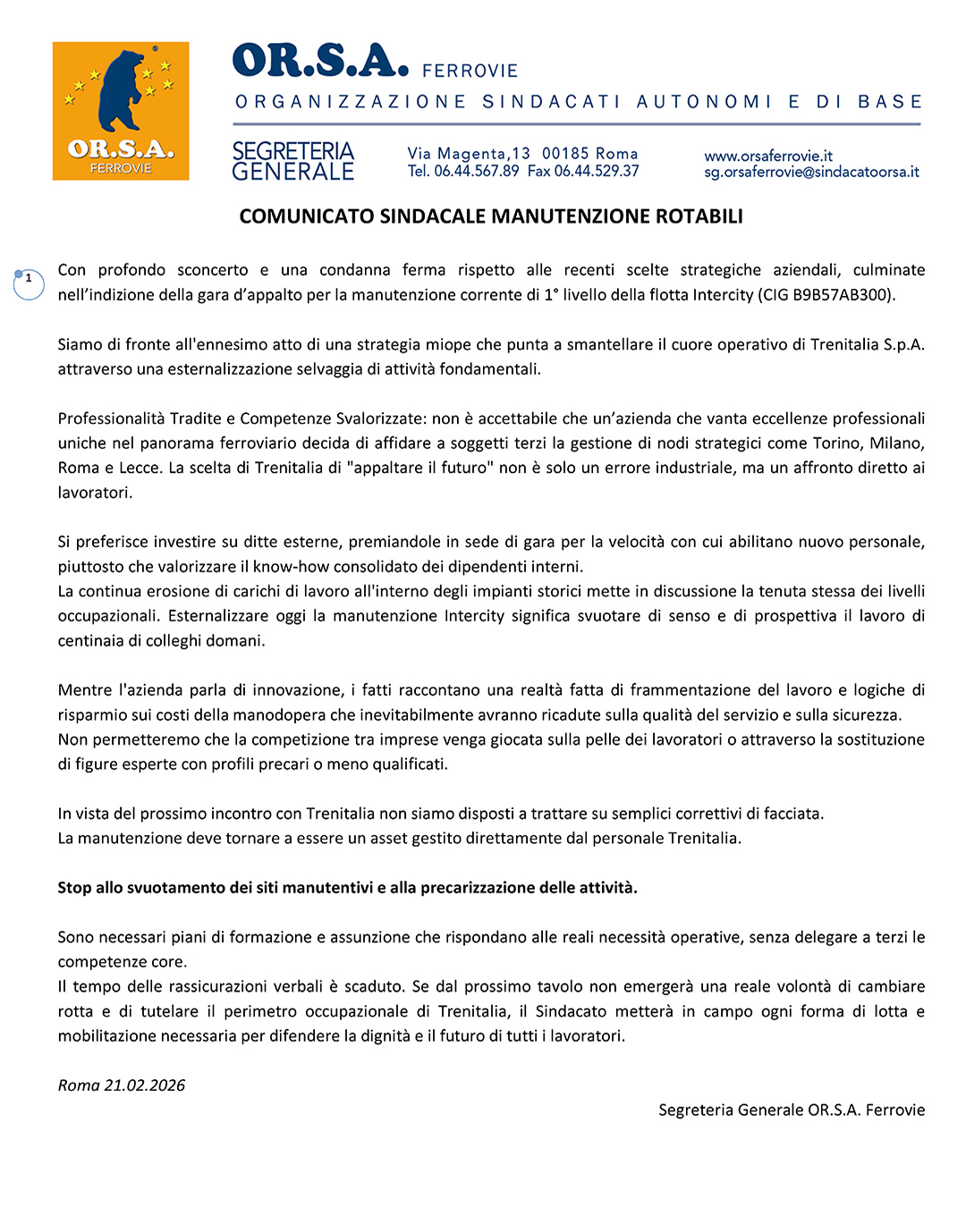 No alle esternalizzazioni. Indetta la gara d'appalto per la flotta Intercity